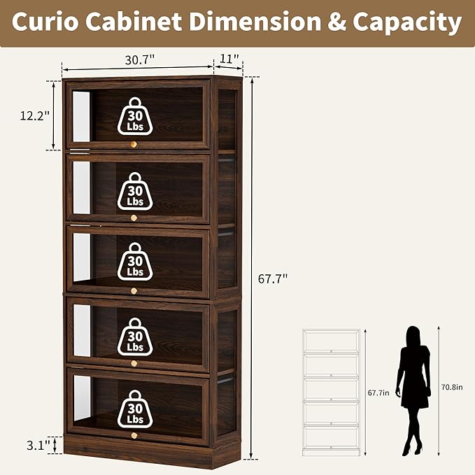 Display Cabinet with Acrylic Glass Doors,5-Tiers Curio Cabinet with LED Lighting for Collectibles, Collectibles Toy Organizers Rack & Display Shelf Display Case Storage Cabinet, Walnut