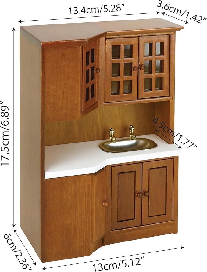 Dollhouse Kitchen Cabinets - 1/12 Scale Miniature Wooden Storage Pantry with Sink, Mini Modern for Corner Cooking Furniture Kitchen Accessories for Doll House Restaurant Decoration, Brown