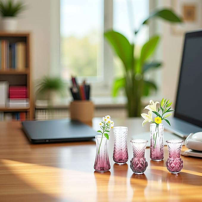 Glass Bud Vase Set of 5: Eylkoi Pink Vases for Centerpieces Decorative, Vintage Embossed in Bulk Crystal Textured Cute, Wedding Decor Mini Flower Floral Vase for Rustic Wedding, Home Table, Party