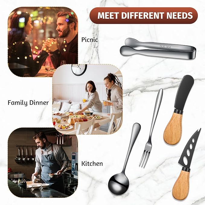 18 Pieces Charcuterie Board Accessories Spreader Knife Set Cheese Butter Spreader Knife Charcuterie Utensils with Wooden Handles Mini Serving Tongs Spoons Forks for party Wedding Christmas (Black)