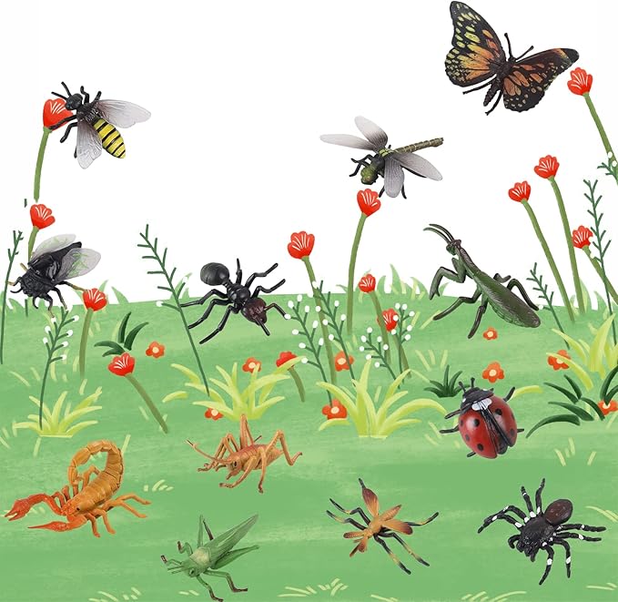 12 PCS Fake Bug Toys for Kids, Plastic Bugs Animal Figures Halloween Party Favor Cake Topper Insect Figurines