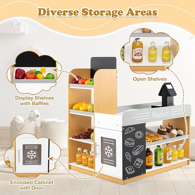 Costzon Kids Grocery Store Playset, Wooden Play Store w/Shopping Cart, Chalkboards, Refrigerator & Display Shelves, Grocery Store Pretend Play for Boys Girls 3+ Years Old