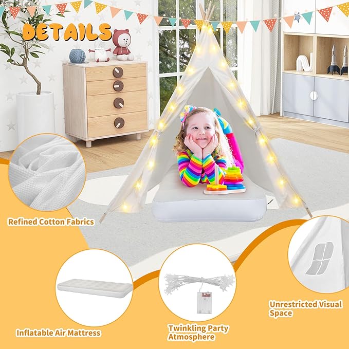 4 Pack Teepee Tent for Kids [Thickened] with Light String and Inflatable Airbed, Slumber Party Tents, Sleepover Tents Party for Girls Boys Indoor Outdoor (White)