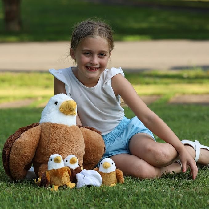 6Pcs Bald Eagle Plush Toy, Mother Eagle Stuffed Animal with 3 Baby Eagles & 2 Eggs, 16" Cute Soft Stuffed Hawk Plushie for Girls Boys Kids, Christmas Birthday Gift for Bird Lovers