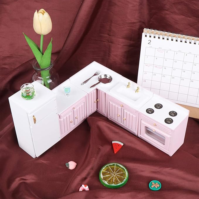 Haomian Dollhouse Kitchen Furniture Kit 1:12 Dollhouse Miniature Wooden Kitchen Cabinet Fridge Set Dining Room Furniture for 1:12 Doll House Miniatures Scenes Accessories