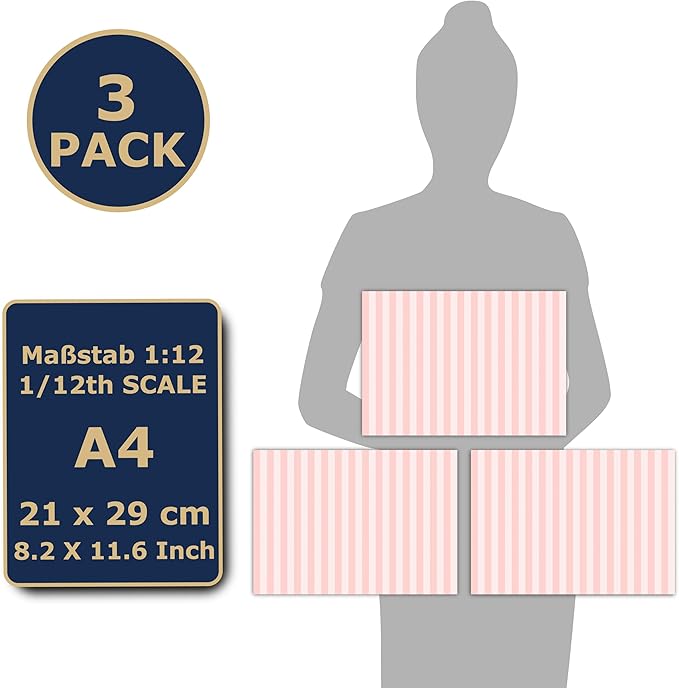 3 Sheets Self-Adhesive Wallpaper for Dollhouses Scale 1:12 Modern Wallpaper Art Deco Wallpaper Artdeco Wallpaper (Pink Stripes)
