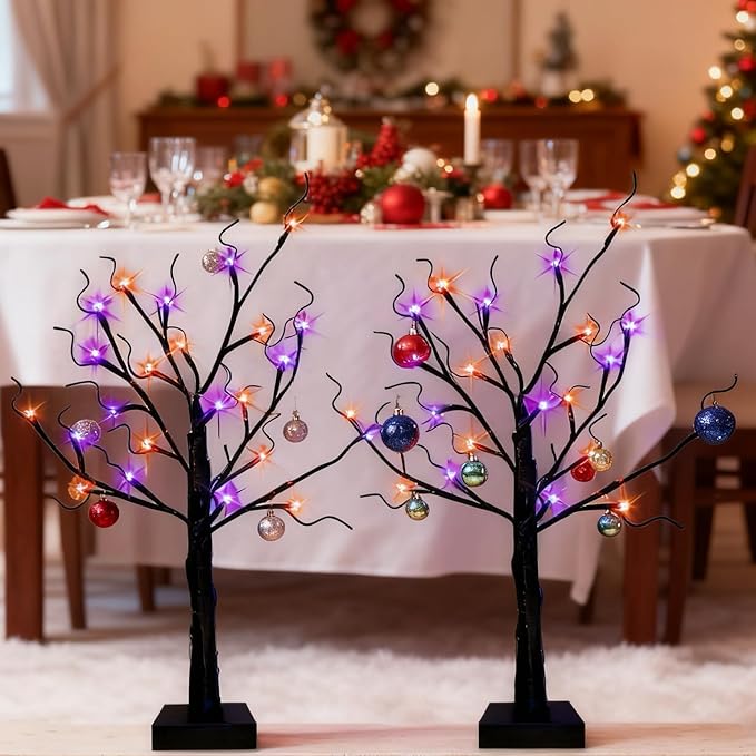 HipTree 2-Pack Lighted Halloween Christmas Fall Tree Decorations Indoor, 2ft Black Birch Tree with LED Lights, Small Tabletop Christmas tree with lights, Warm White Battery- Powered Fairy Light Spirit