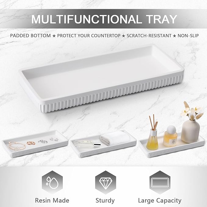 XLHOMO Resin Bathroom Toothbrush Holder Set, Matte White Bathroom Accessories Set 4 Pcs, Bathroom Tumbler Cup Tooth Brushing Cup Set with Tray, for Sink Countertop Modern Home Decor