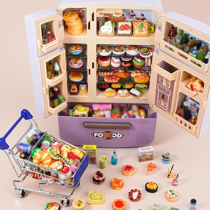 1/7 Scale Large-Size Realistic Double-Door Fridge Model, Miniature Kitchen Props, Pretend-Play Fridge Set (Sky Blue Refrigerator + 30 Food Items + 30 Drinks + Shopping Cart + 8 Ice Cubes/Light-Up)