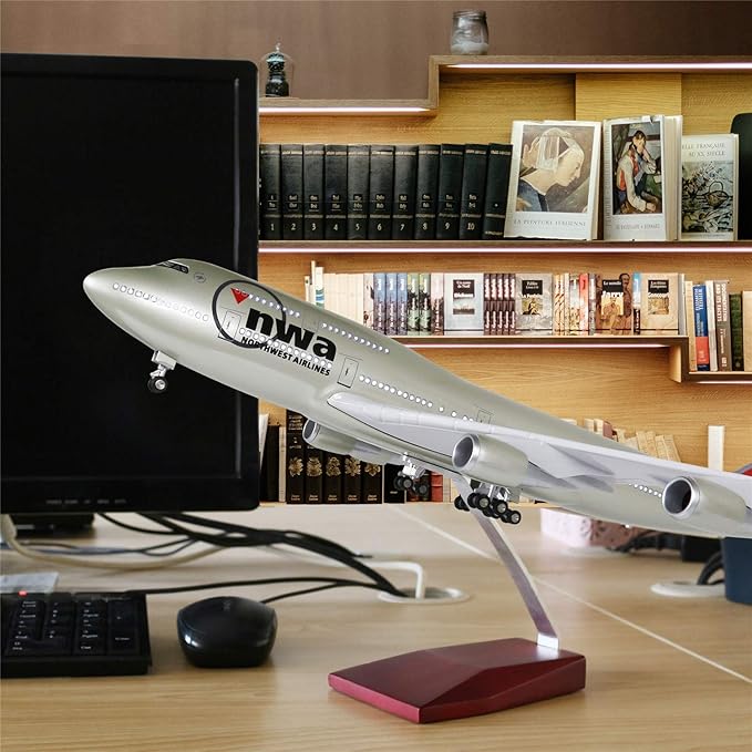 24-Hours 18” 1:130 Scale Airplane Model American Northwest 747 Plane Model with LED Light(Touch or Sound Control) for Decoration or Display