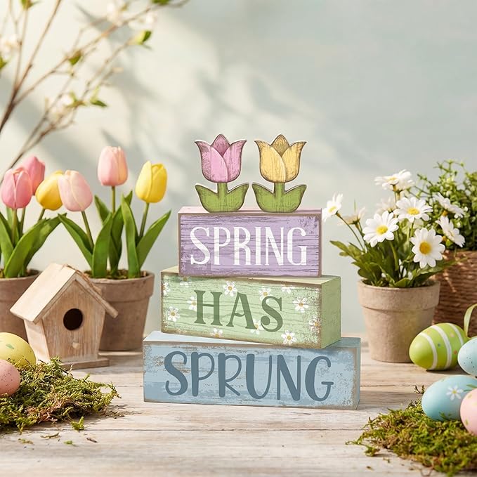 Moucuny 4 Pcs Spring Table Decor Wood Floral Decoration Tulip Centerpiece Spring Tiered Tray Decor Decorative Colorful Flower Block Signs Gift Farmhouse Decoration for Home Kitchen