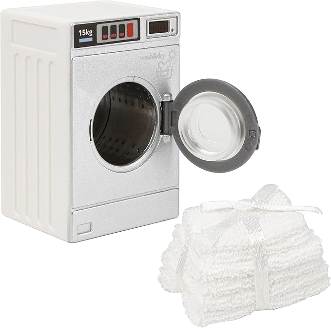 Miniature Washing Machine Dollhouse 1/24 Scale & Miniature Towel Set 1/12 Scale, Openable Lid Washer Dryer, Mini Laundry Appliance Model, White Mini Towels, Bathroom Furniture Decoration Accessories