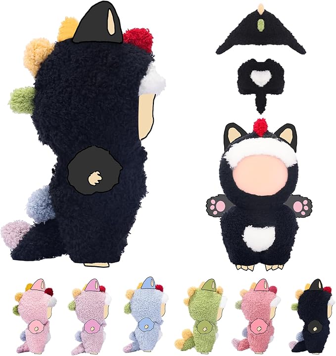 17cm (6.7inch) Doll Clothes, Outfits for Clothes Set, Dino Dolls Keychain Accessories, Faking Animal Style Outfit Jumpsuit Dinosaur Costume for Dolls (Black) (Doll Not Included)
