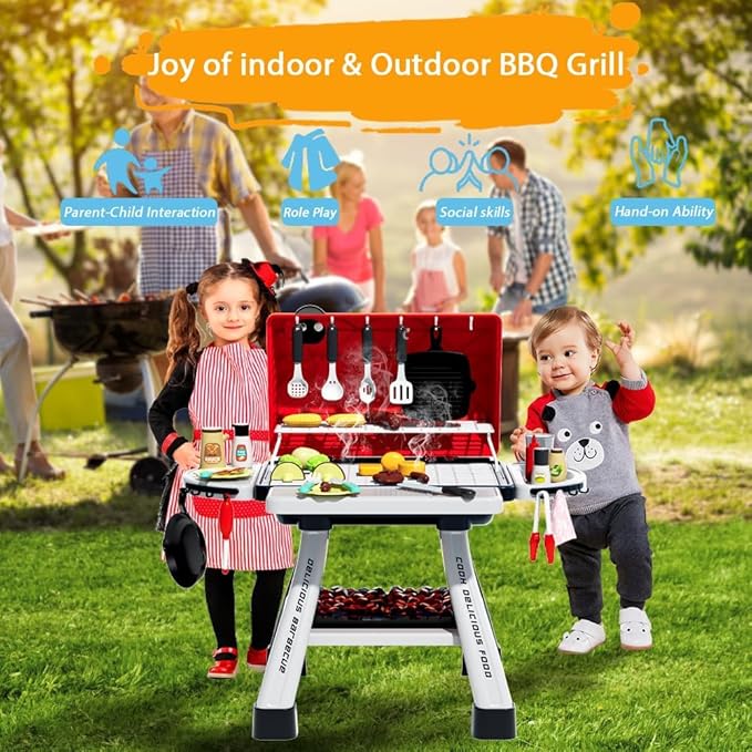 Kids BBQ Grill Playset, Play Kitchen Toys Grill with Smoke Sound Light Simulation Pretend Play Food for Toddlers 3-5 Camping Cooking Set Birthday Gifts Christmas for Grandkids