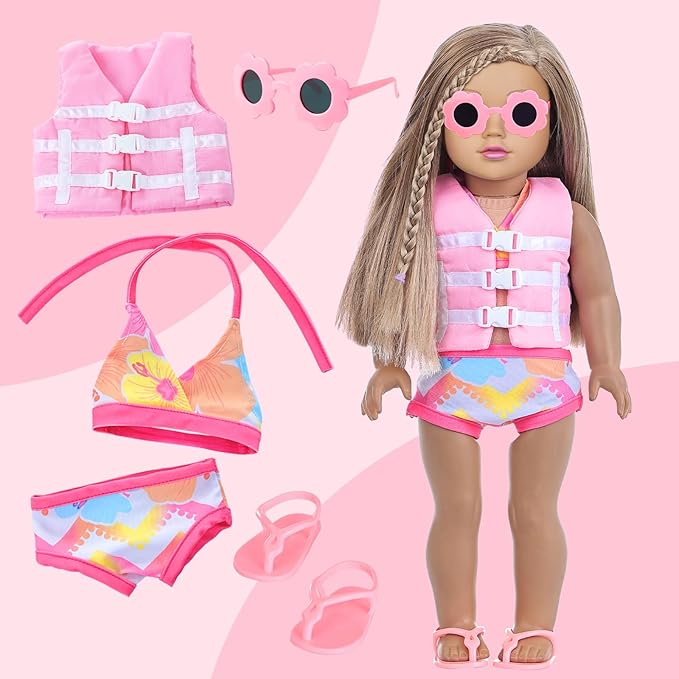 18 Inch Girl Doll Clothes and Accessories Swimming Poor Play Set Fit 18 inch Girl Dolls ,Including Swimwear Shoes Sunglasses Swimming Ring Towel etc.