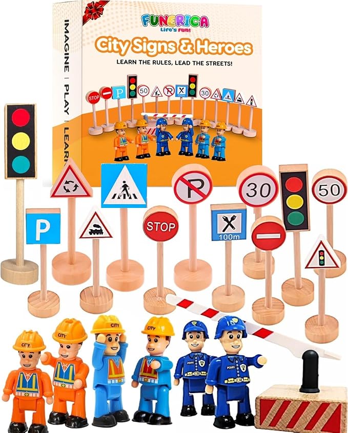 20-Piece Set Wooden Road Signs for Kids – Traffic Signs with Action Figures for Kids - Traffic Lights, Street Signs, Stop Sign, Toy People, Construction Workers, Community Helpers & Police Figures