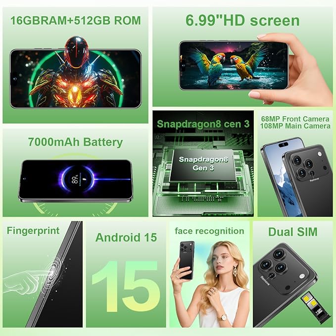 Huness I17PROMAX Smartphone Unlocked Cell Phone,6.99" HD Screen Unlocked Phone,16+512GB Android 15 Battery 7000mAh,Face ID/Dual SIM/5G/Fingerprint Button Unlock/Photos/GPS (Black, 16+512G)