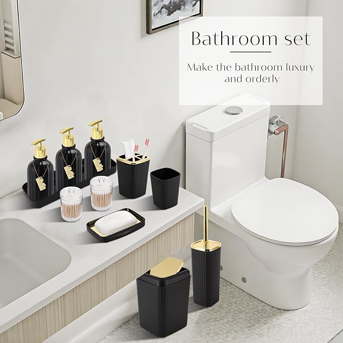 WSBArt 17PCS Bathroom Accessories Bathroom Set Black Bathroom Accessories,Toilet Brush, Trash Can, Qtip Holder Dispenser& 3PCS Soap Dispenser