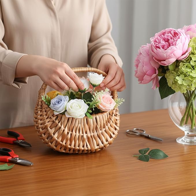 3 Pack Small Flower Girl Baskets with Handles - Mini Rattan Wicker Baskets with Plastic Lining for Wedding Petals, Home Decor, Picnic, Gift, Party Favors (Brown)