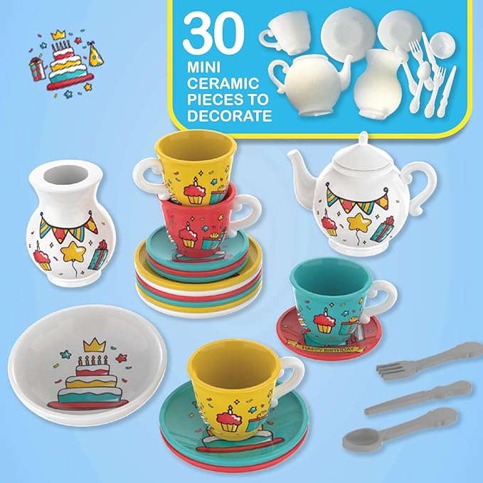Mini Maker Party Creations – Paint Your Own Set with UV Oven – DIY Ceramic-Like Craft Kit for Girls & Boys – Decorate 30 Tableware Pieces – Decals & Glaze (Birthday Party)