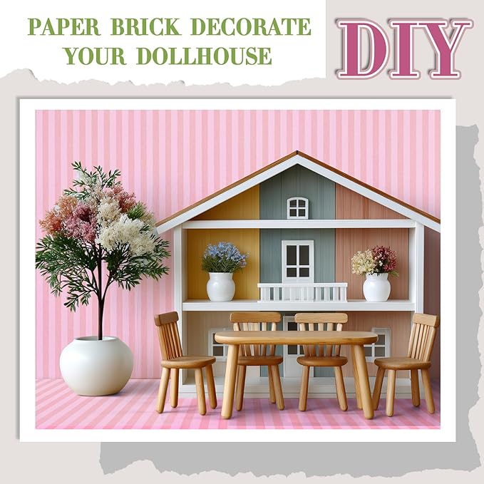 Flutesan 12 Pcs Miniature Dollhouse Wallpaper and Flooring Peel and Stick Mini DIY Self Adhesive Dollhouse Accessories 8.27 x 11.69 Inch (Pink Stripes)