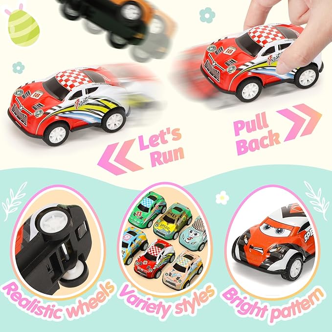 SevenQ Toy Cars Easter Basket Stuffers 24 Pcs, Prefilled Easter Egg Fillers Race Car Party Favors for Kids Birthday Goodie Bag Treasure Box Toys for Classroom Treat Prizes Pinata Egg Hunt Supplies