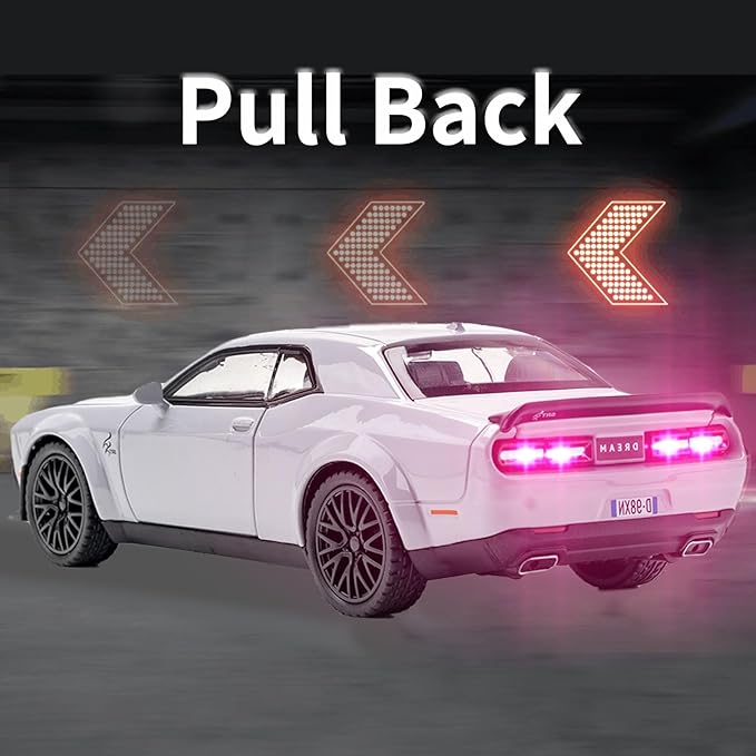 Toy Cars 1/32 Dodge Challenger Die Cast Metal Toy Cars Hellcat Toy Car with Sound and Light Pull Back Hellcat Car for 3+ Year Old Boys and Kids