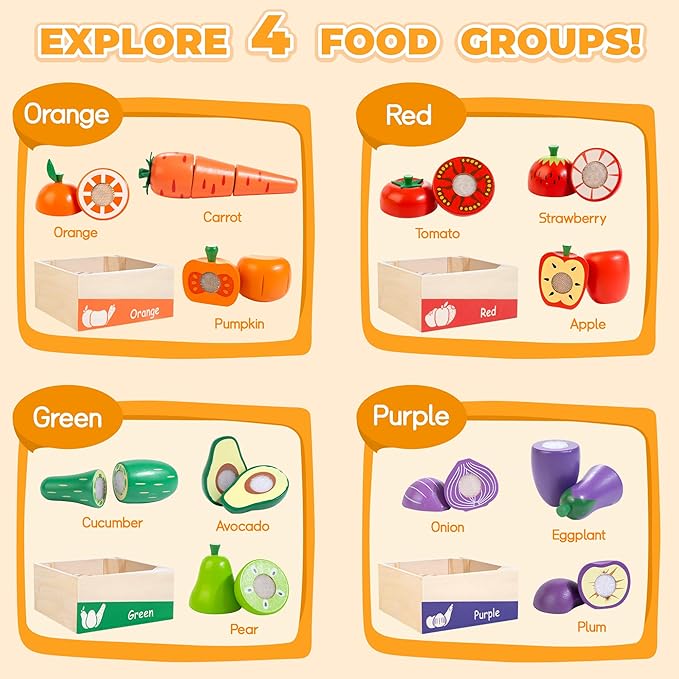 WOODMAM Wooden Play Food for Toddlers, Color Food Groups, Fruit & Veggies Cutting Set, Pretend Play Food Kitchen Accessories for 3 4 5 6 7 Years Old Boys & Girls