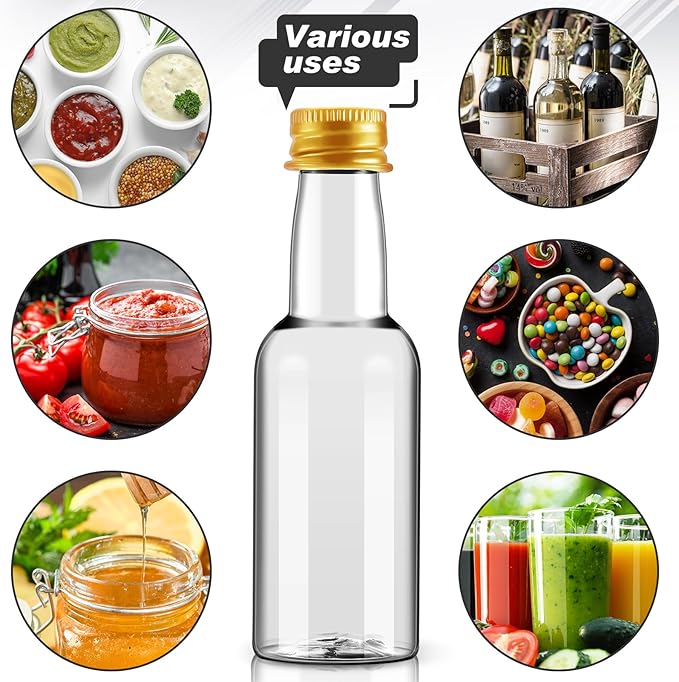 Tessco for you 100 Pcs Mini Liquor Bottles Plastic Mini Salad Dressing Bottle Christmas Small Shooter Alcohol Holders with Cap Wine Hot Sauce (0.8 oz,Gold)