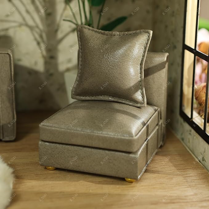 iLAND Dollhouse Furniture Miniature Sectional Couch Set for Doll House Décor Fit 1/12 Scale Accessories, Modern Gray Faux Leather Sofa Timeless & Classic