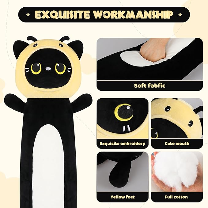 22 inch Bee Black Cat Long Plush Body Pillow Toy, Kitten Plushies with Stuffy Honeybee Oufit Big Stuffed Animals Gfit for Kids Boys Girls, Birthday, Halloween, Christmas