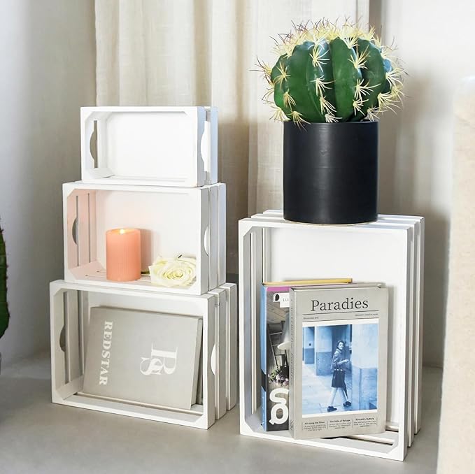 Large Wooden Crates Set of 4 Decorative Storage Box with Handles, Rustic Whitewashed Farmhouse Wooden Crates for Display, Living Room Container Baskets Box for Kitchen, Pantry, Bedroom