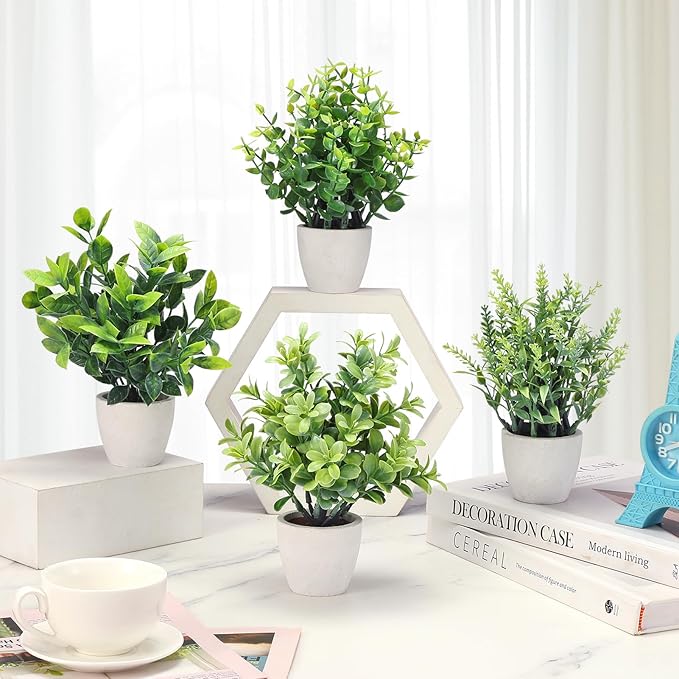 FAVOWREATH 4 Pack Fake Plants Ceramic Mini Artificial Greenery Potted Plants for Home Decor Office Decor Room Decor Farmhouse Decor Indoor Table Bathroom Decor