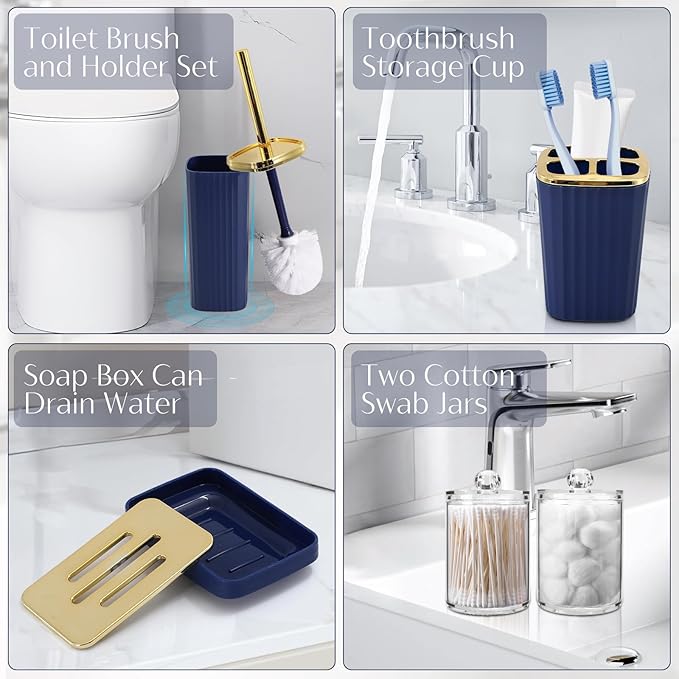 WSBArt 17PCS Bathroom Accessory Set Bathroom Set Navy Blue Bathroom Accessories,Toilet Brush, Trash Can, Qtip Holder Dispenser& 3PCS Soap Dispenser