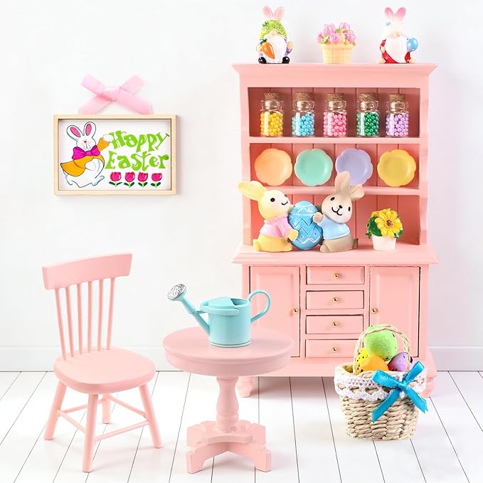 Celltestria 38Pcs Easter Dollhouse Miniatures Decorations 1:12 Scale Mini Pink Wooden Bookshelf Furniture Set Tiny Bottles Flowers Table Chairs Rabbits Eggs Easter Spring Decor