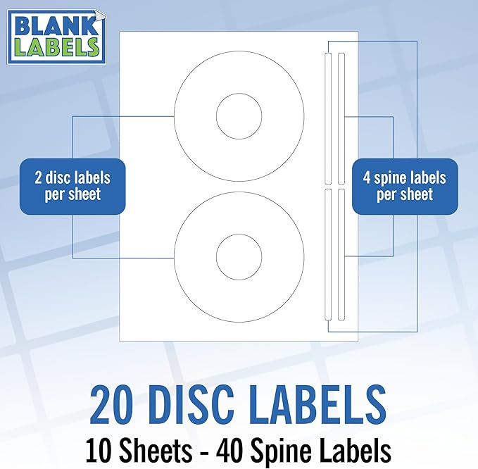 CD/DVD Label Full Face | Qty 20 Disc Labels, 40 Spine | 10 Sheets Total | Matte White Adhesive | Inkjet & Laser Compatible | Memorex Large Core | Easy to Peel | Blank Labels