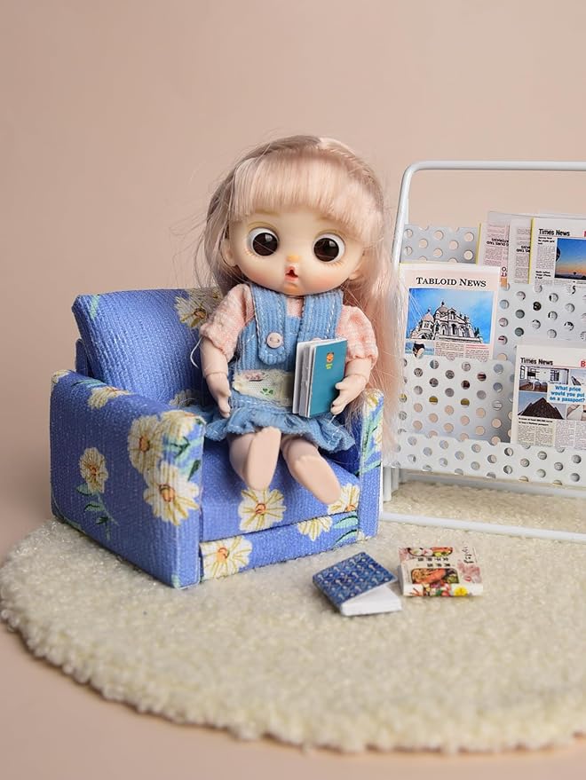 Funky Mini Home Miniature Dollhouse Cordurey Armchair with Pillow - 1:12 Scale Blue Floral Furniture Set Dollhouse Decor Accessories & Perfect Birthday (Blue)
