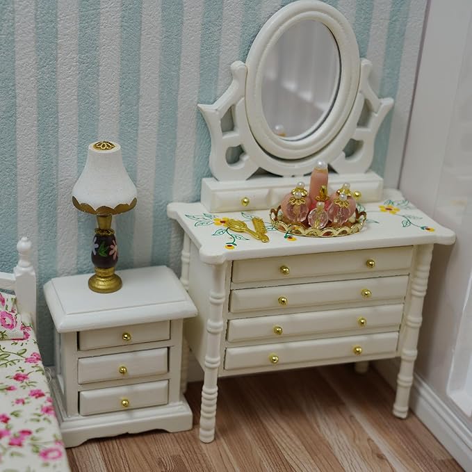 Miniature Bedside 1:12 Furniture Dollhouse Nightstand Bedroom Drawer Cabinet Model Accessories Mini House Scene Building Tabletop Decorations (White)