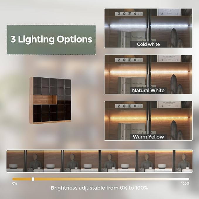 5 Tier Glass Display Cabinet with Adjustable LED Lights, 78.7" Lighted Curio Cabinet with Glass Doors & Shelves, Tall Display Case for Collectibles - Walnut