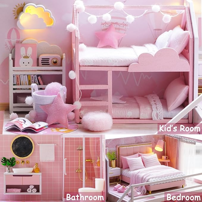 TuKIIE DIY Miniature Dollhouse Kit with Furniture, 1:24 Scale Creative Room Mini Wooden Christmas Doll House Accessories Plus Dust Proof & Music Movement for Kids Teens Adults(Meeting Your Sweet)