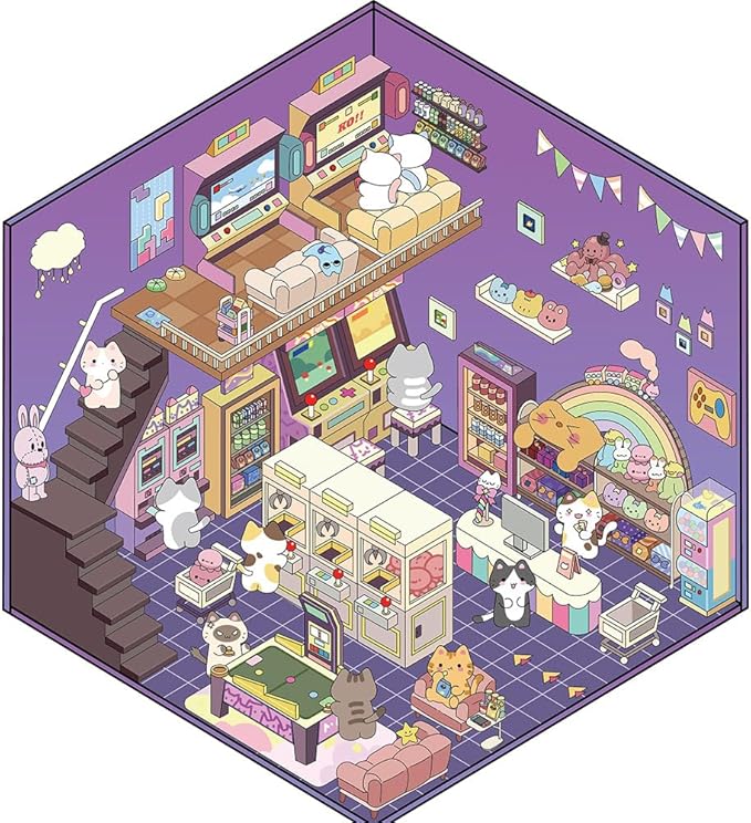 DIY 3D Sticker Scenes Kit: 4 Sets Miniature Room & Shop Stickers for Teens & Adults - Create Your Own Cute Cartoon Worlds, Stress Relief Craft
