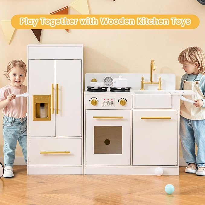 INFANS Play Kitchen Set, Kids Children Pretend Toy Kitchen 2-Piece Playset with Refrigerator, Oven, Microwave, Ice Maker, Sink with Faucet, Kitchenware Accessories for Girls Boys Ages 3+