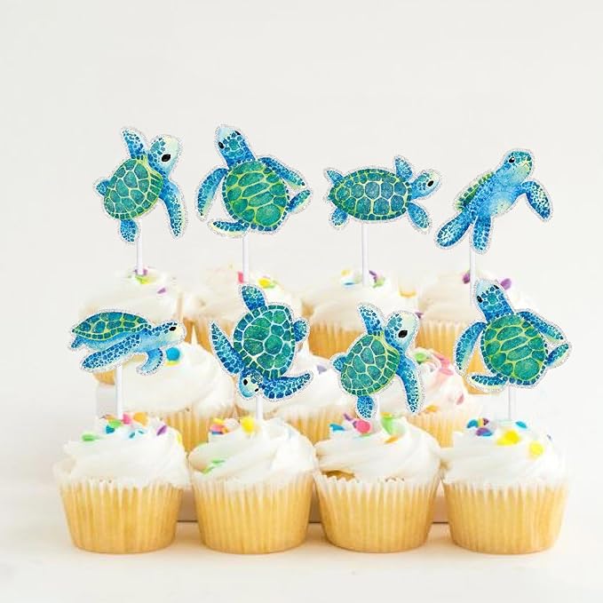 Cute Sea Turtle Cupcake Toppers Set for Kids 18-PC - This is the perfect turtle-themed birthday party, ocean-themed party, or baby shower decoration for boys or girls - SugarGera
