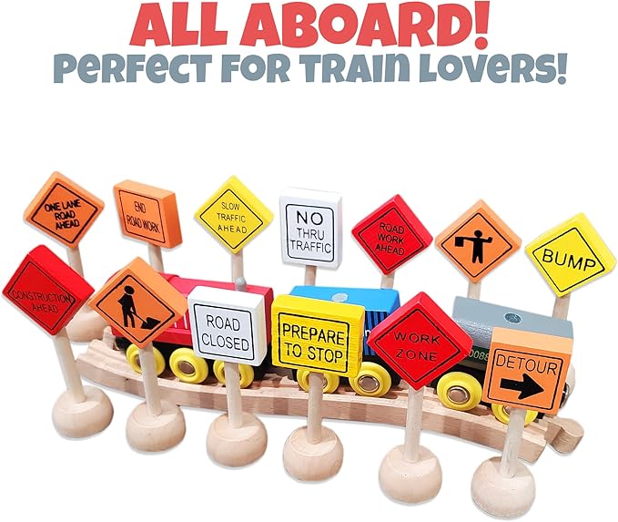 Attatoy Toy Wooden Road Construction Traffic Sign Set; Street Signs Small Toy Cars and Other Diecast Vehicles & Wood Cars & Toys