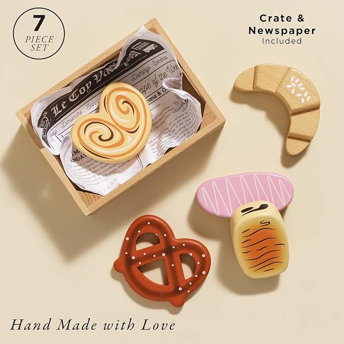 Le Toy Van - Educational Wooden Honeybee Market Baker's Basket Crate | Wood Play Food | Supermarket Pretend Play Shop Food