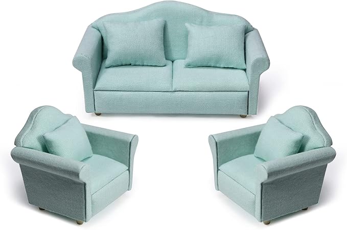 Dollhouse Couch Miniature Furniture Sofa with Pillows for Living Room Desktop Decoration Fabric Sofa Mini Home Scene Accessories Ornament (Sofa Set, Green)