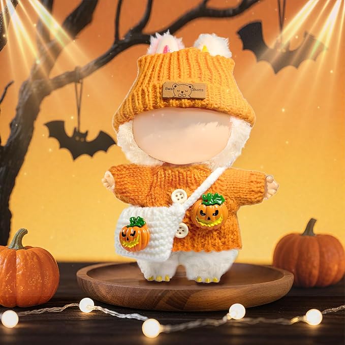 Clothes for LABUBU Doll (NO Doll), 3-Piece Handcrafted Crochet Accessories for LABUBU 17cm Dolls, Premium Fashion Outfit for LABUBU Dress Up - Pumpkin Sweater + Hat + Bag