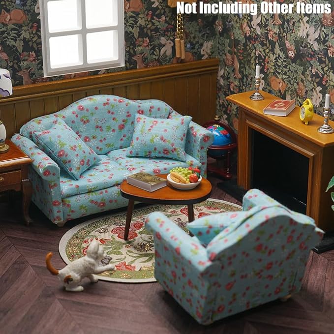 Odoria Dollhouse Couch Miniature Loveseat - 1/12 Scale Upholstered Sofa with Pillow Country Rustic for Living Room - Mini Settee Recliner Reading Furniture - Tiny Chaise Lounge Wood Floral Blue