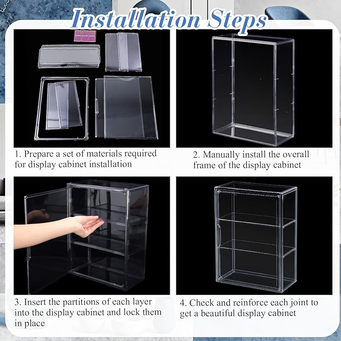 2 Pcs Clear Acrylic Display Case 3 Tier Display Shelf Storage Boxes Cabinet Organizer with Magnetic Door for Figures Toys (Gray)