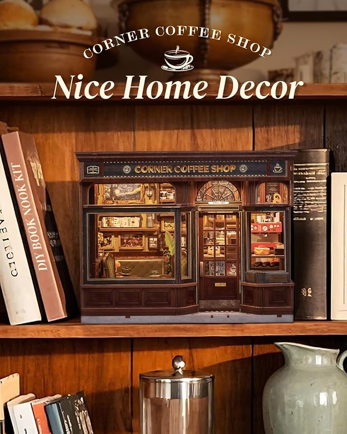 Cutefun Book Nook Kit - DIY Miniature Coffee Shop Booknook Kits for Adults and Teens, 3D Wooden Puzzle Bookend Bookshelf with LED Light, Gifts for Family and Friends (Corner Coffee Shop)